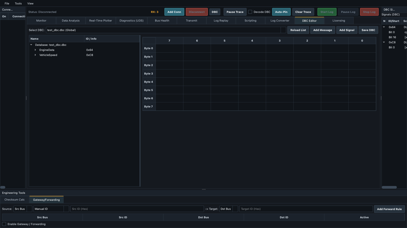 IX CAN Tool DBC editor screen