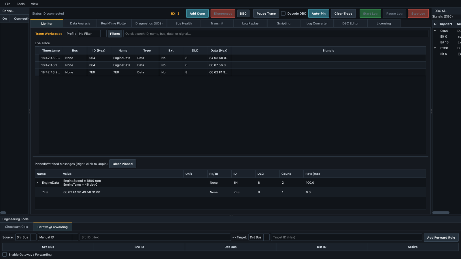 IX CAN Tool live CAN trace and DBC decoded signal workspace