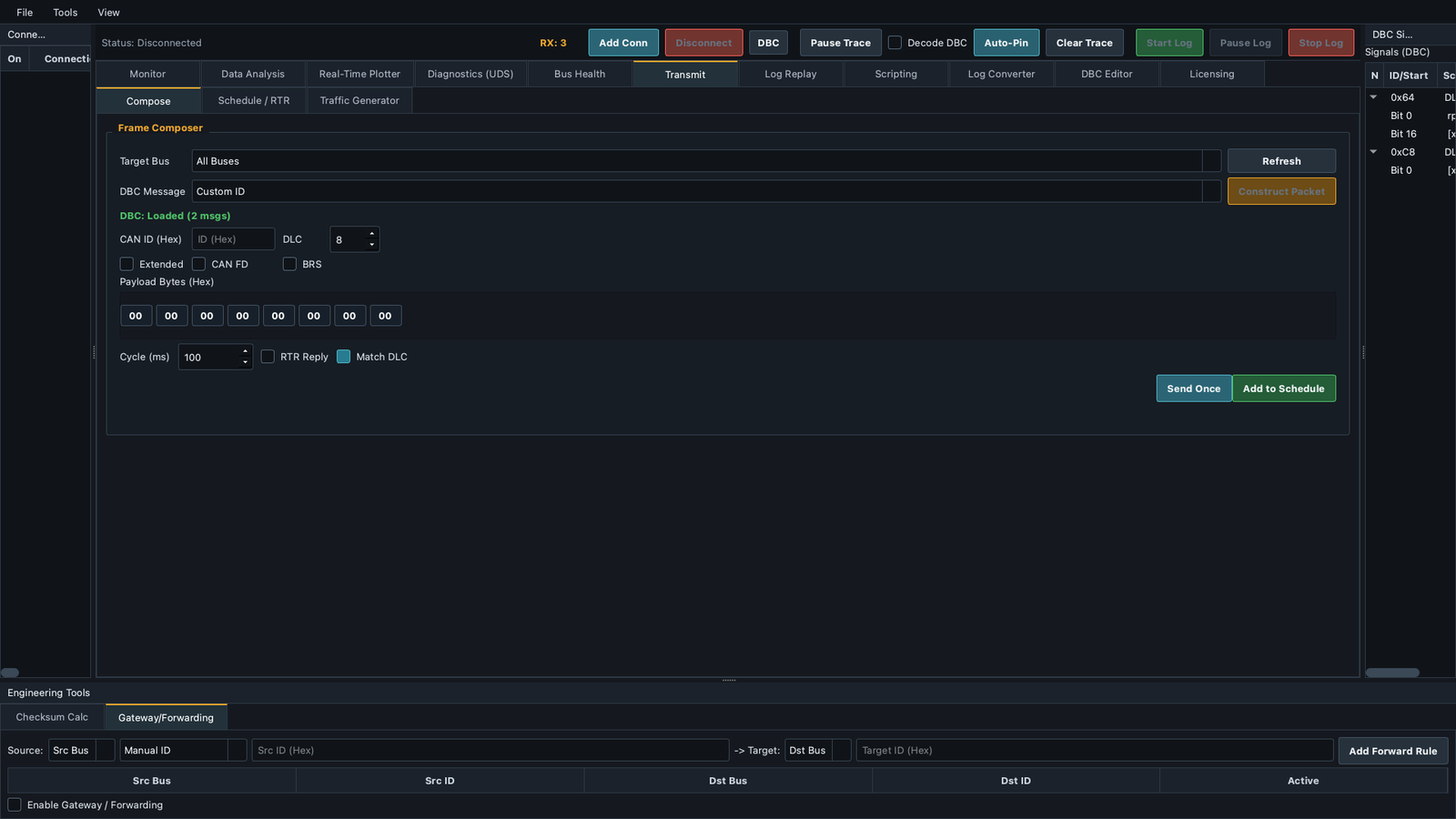 IX CAN Tool Transmit workspace screen